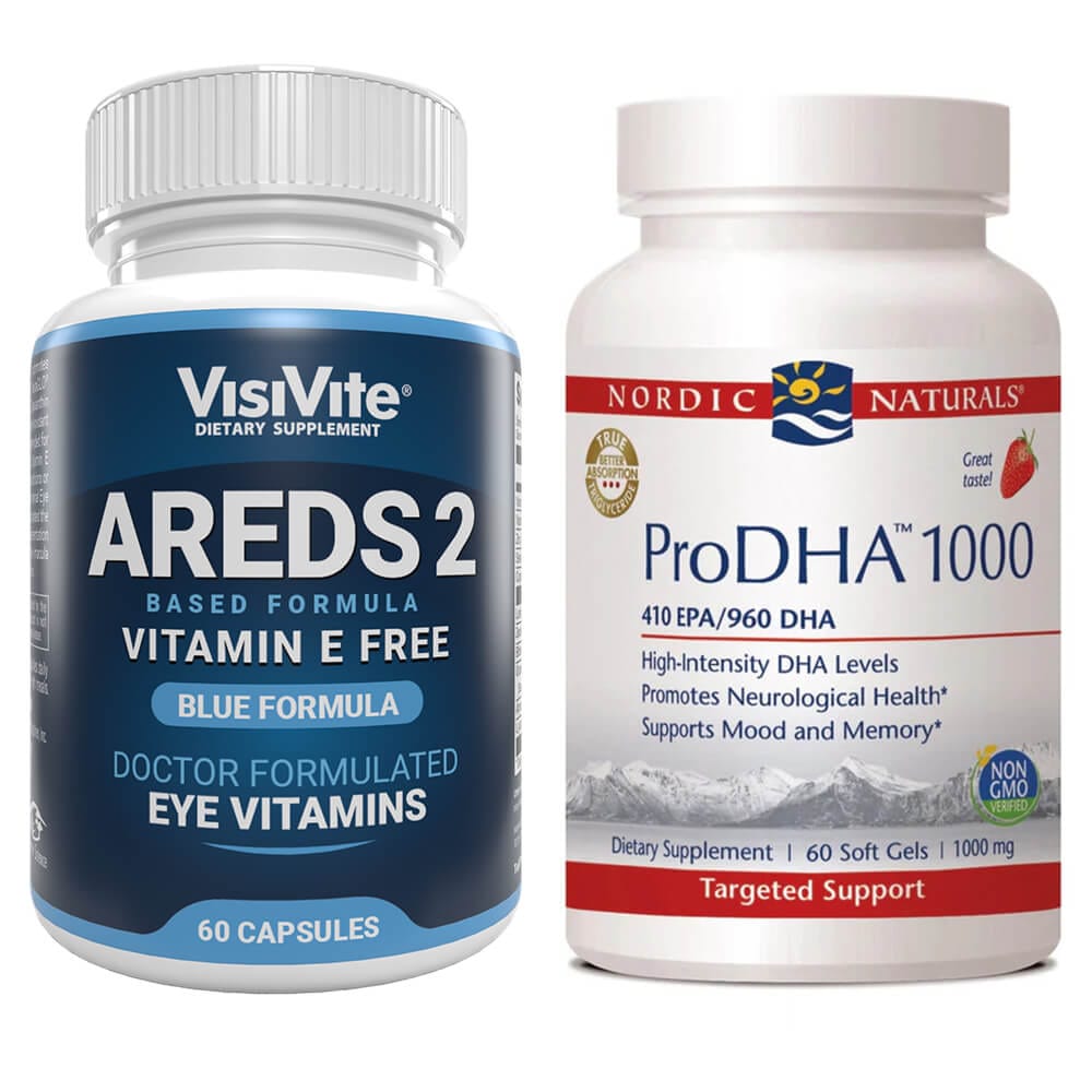 AREDS 2 E-Free Blue and Nordic Naturals® ProDHA-1000 Bundle - 1 month supply